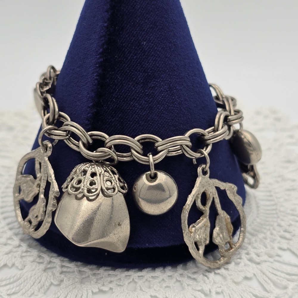 Vintage Charm Bracelet Silver tone Chunky Dangle 6.5"
